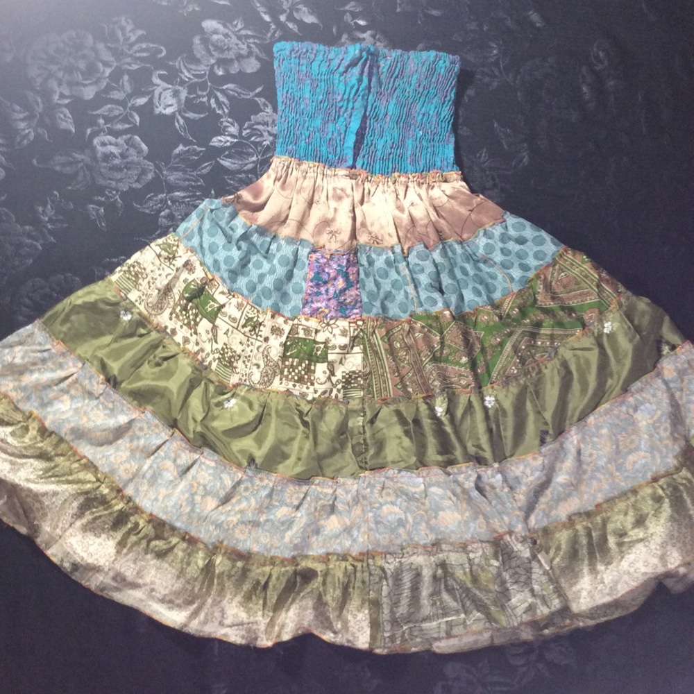 Vintage Boho Silk Sari Patchwork 2-Way Smocked Tube Dress / Maxi Skirt-XSmall - Picture 3 of 11